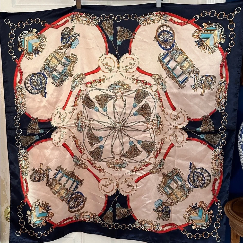 Elegant Navy & Pink Polyester Scarf with Intricate Carriage Design 35.5”